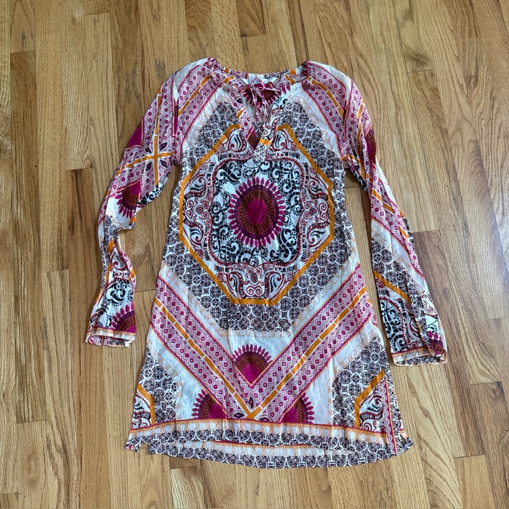 ATHLETA Pink Multi Print Cotton Silk Long Sleeve Swim Cover Up Dress XSmall